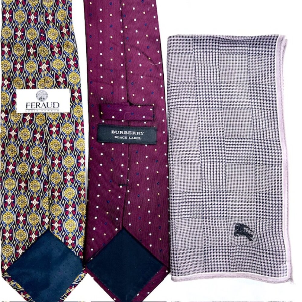 Set: 2 Neckties Burberry Burgendy Dott & Feraud Louis +1Burberry Handkerchief(52 - Picture 7 of 13